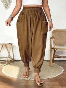 Pantalones holgados de talle alto con bolsillos de unicolor para mujer de talla grande, uso versátil para uso diario en primavera - Marrón - Ver 4