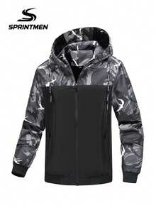 Jachetă bărbătească cu glugă, model camuflaj, neagră și gri, model patchwork, glugă reglabilă cu șnur, design cu buzunare cu fermoar, stil sport casual, lavabilă la mașină, potrivită pentru activități în aer liber, drumeții, ciclism, alpinism, alergare, ținută casual - Gri - Vizualizare 4