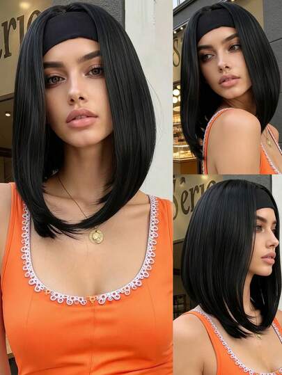 Tóc giả ngắn kiểu bob thẳng, dài 14 inch, làm từ sợi tổng hợp, trông tự nhiên và chân thực, chịu nhiệt, phù hợp cho cả sử dụng hàng ngày và dự tiệc.