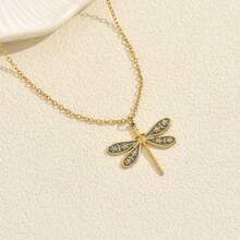 1Pc Retro Dragonfly Necklace Female Long Style, Metal Pendant Collarbone Chain Versatile, Personalized Design Items - Màu xanh lam - Xem 2