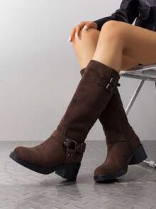 Women's Motorcycle Boots Side Zipper Knee High Boots Square Toe Chunky Low Heel Buckle Decorated Biker Fashion Stylish Riding Boots Festival Dresses For Woman - Màu nâu Sô-cô-la - Xem 1