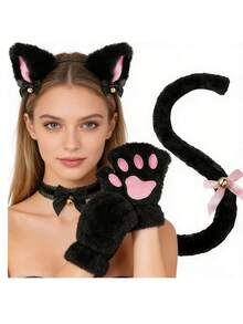 Cat Cosplay Costume - 2/3/4 Pcs Cat Ears Tail Set With Collar, Paws And Gloves, Cat Cosplay Costume Accessories, Kitten Ears, Collar, Tail, Paws Or Women Girls Halloween Dress Up - A - View 4