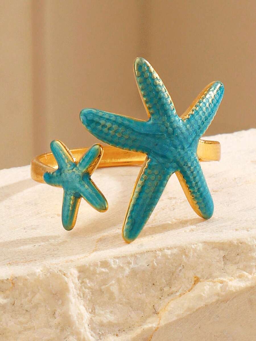 1pc Stainless Steel 18K Gold Plated Versatile Unique Elegant Geometric Blue Enamel Starfish Adjustable Open Ring, Suitable For Women, Holiday, Summer Travel, Popular Jewelry Gift - Multicolor - View 1