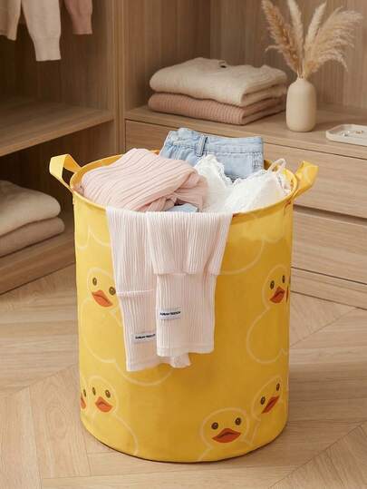 1pc Large-Capacity Foldable Laundry Basket, Oxford Cloth Storage Bin, Round Barrel With Handles, Cute Yellow Duck Print, Durable Fabric Clothes Organizer, Multipurpose Dirty Clothes And Toy Storage Basket For Bedroom And Bathroom