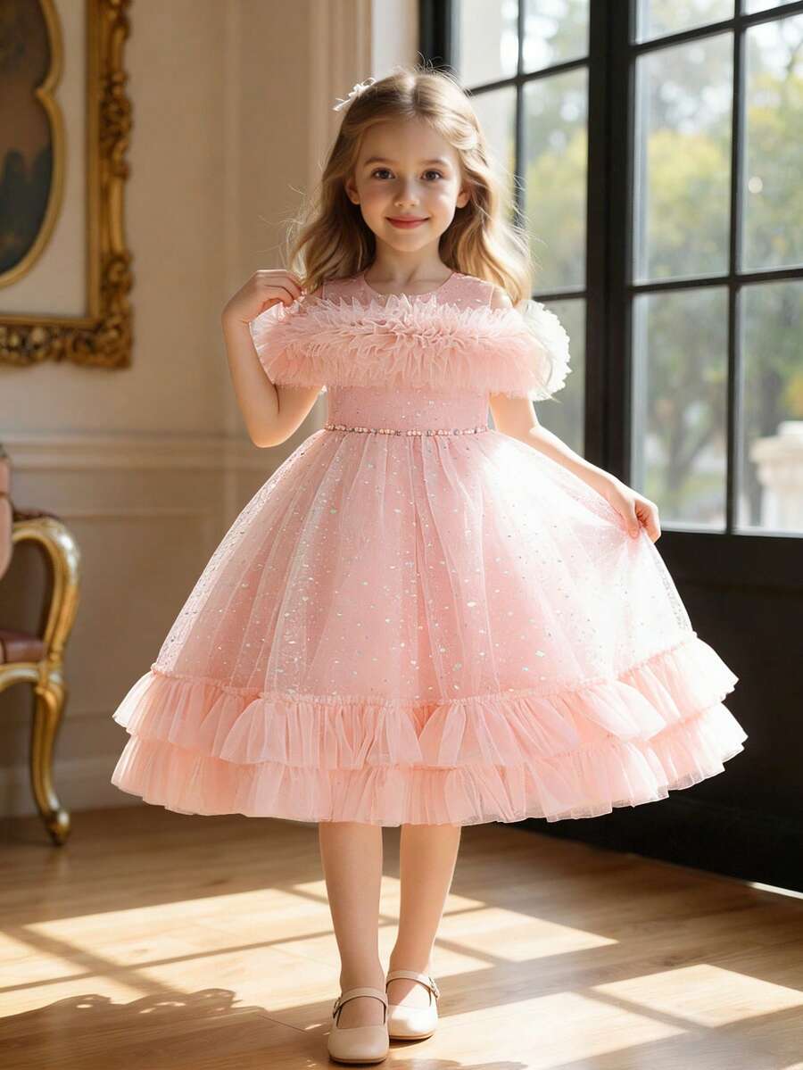 Váy nơ trễ vai lưới xếp nếp thanh lịch dành cho bé gái, thích hợp cho các buổi khiêu vũ ở trường, tiệc sinh nhật - Hồng - Xem 1