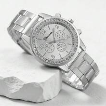 5件套女士合金石英表，阿拉伯数字表盘，时尚休闲经典款，搭配钻石心形手链、项链、戒指、耳环首饰套装，适合日常佩戴、装饰、送礼或节日礼物。 - 銀色 - 查看 3