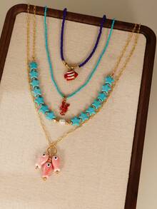 4pcs Bohemian Clownfish, Lobster, Starfish & Turquoise Pendant Beaded Necklace Set, Multi-Layer Wearable Necklace, Summer Beach Jewelry For Women - Multicolor - View 3