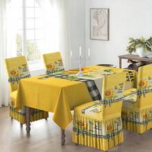 2/4/6/5/7 Pcs Sunflower Plaid Yellow Tablecloth And Chair Cover Set, 4 Pcs (4 Chair Covers), 6 Pcs (6 Chair Covers), 5 Pcs (1 Tablecloth + 4 Chair Covers), 7 Pcs (1 Tablecloth + 6 Chair Covers), Suitable For Indoor/Outdoor, Home Gatherings, Holiday Table & Chair Decor, Reusable - Multicolor - View 17
