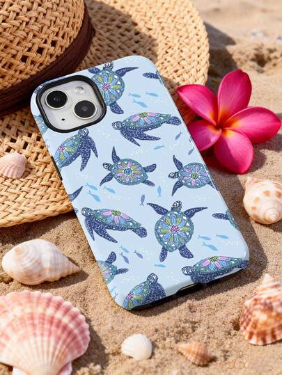 1 pièce Étui de téléphone rigide 2-en-1 brillant avec motif de tortue de mer de style océanique d'été et motif floral coloré, convient pour Samsung/ 11/12/13/14/15/16/17 Pro Max