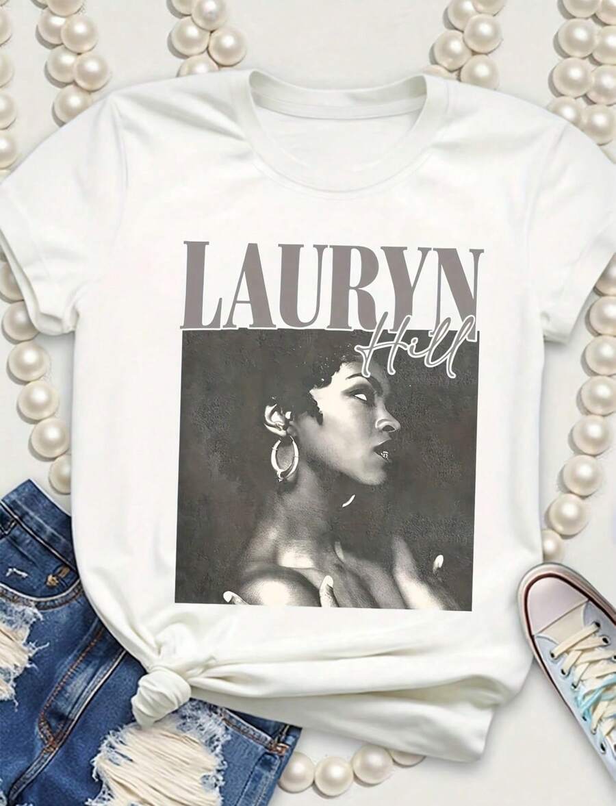 White T-Shirt With LAUREN HILL Portrait Print Casual Party Accessory For Spring And Summer 2025 Casual Wear Portrait - White - View 1