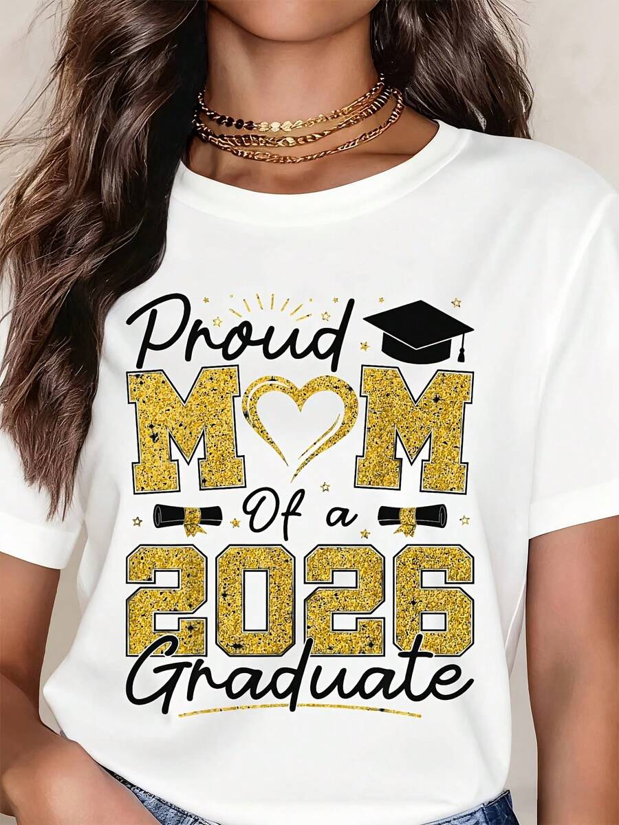 Women's T-Shirt Proud Mom Of A 2026 Graduate Casual, Crew Neck Short Sleeve Tee, Perfect For Birthday Gift Suitable For All Season Wear, Everyday Outdoors - trắng - Xem 1