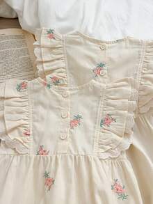 Baby Girl Bodysuit, Korean Style New Summer Lightweight Baby Girl Floral Embroidery, Sweet Lace Trim Outfit - Apricot - View 5