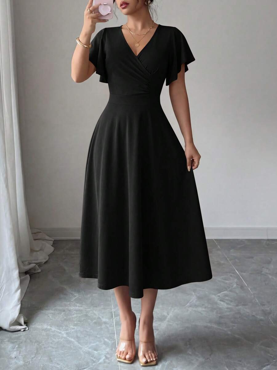 Women's Summer Mid-Length Dress Ruffled Sleeve Covered V-Neck Elegant Wedding Party Swing A-Line Slim Flared Dress - 黑色 - 查看 1