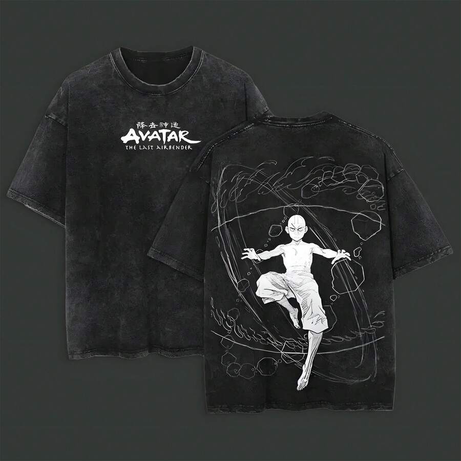 Retro Vintage Limited Aang - The Last Air Nomad - The Anime Double Printed Washed Tee Unisex Anime Manga Acid Washed Lightweight Cotton T-Shirt Gift For Anime Fan, Anime Lover - Black - View 1