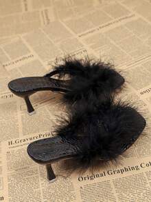 Fashionable Square Toe Fluffy Thong Crocodile Pattern Women High Heel Sandals, Comfortable Versatile Stiletto Summer Slip-On Ladies Sandals, Black Flip Flops - Black - View 4