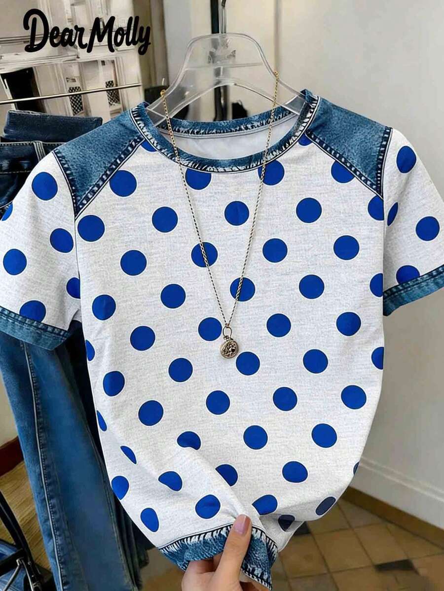 Áo thun ngắn tay cổ tròn phối màu chấm bi và denim hiệu ứng vintage Dear Molly, thích hợp mặc hàng ngày, đi nghỉ mát hoặc mùa hè. - Nhiều màu - Xem 1