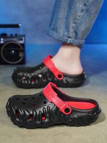 Men's Summer Breathable Color Block Hollow Casual Slip-On Sandals, Solid Color EVA (Ethylene-Vinyl Acetate Copolymer) Perforated Hook & Loop Beach Vacation Outdoor Slippers - Black - View 7