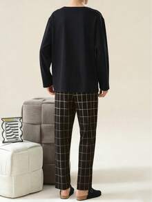 AICJ 男士休闲宽松纯色睡衣两件套，圆领套头衫搭配格子长裤，轻薄睡衣，适合情人节和新年礼物，秋冬季服装 - 黑色 - 查看 2