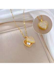 1pc Gold Double-Layer Heart Rhinestone Faux Pearl Necklace, Personalized Faux Pearl Tassel Heart Choker Necklace, Elegant Fashion Bridal Necklace, Versatile For Wedding, Date, Party, Birthday, Women Jewelry Gift - Gold - View 6