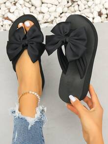 Women's Bow Tie High Heel Slippers, New Summer Fashion Outdoor Wear, Non-Slip Thick Sole, Beach Sandals, Wedge Heel - Black - View 2