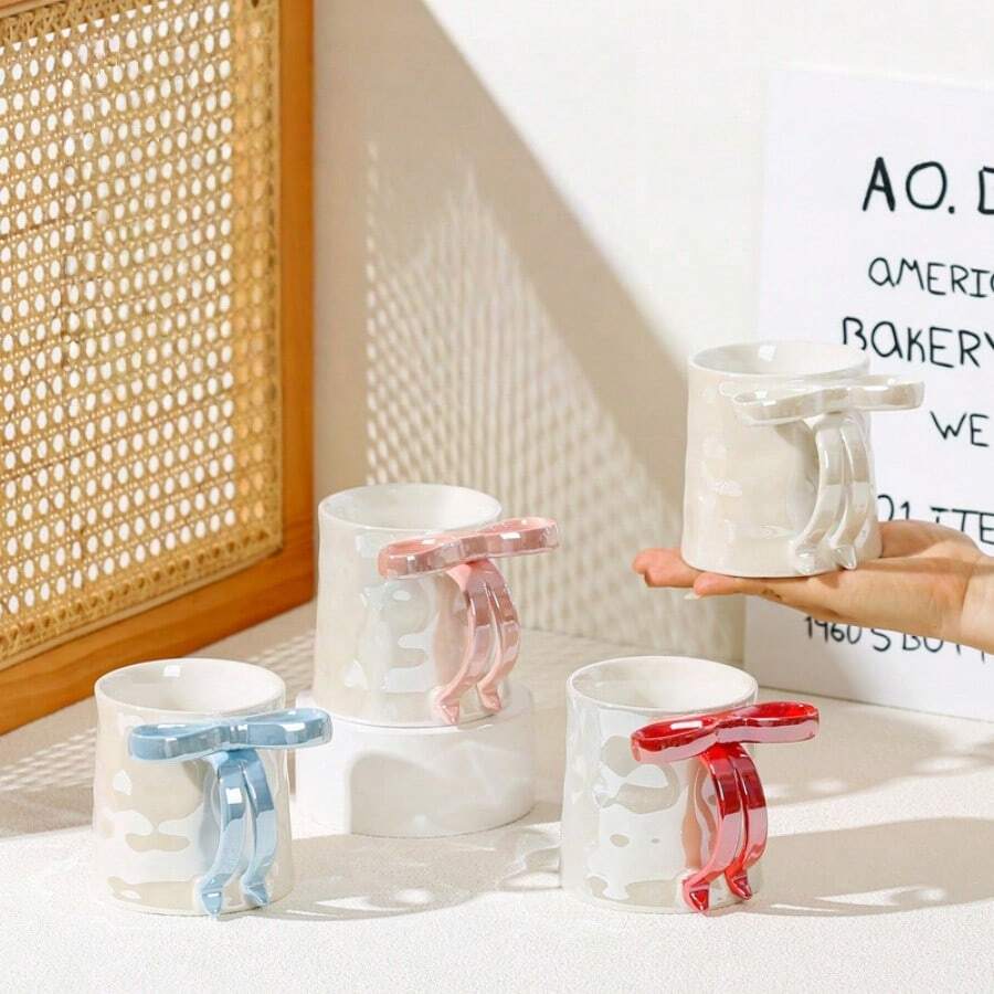 Bộ 3 cốc sứ men ngọc trai trang trí nơ độc đáo, cốc đôi chất lượng cao, cốc gốm. - Nhiều màu - Xem 1