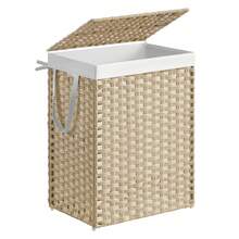 SONGMICS Handwoven Laundry Hamper, Dirty Clothes Basket, 23.8 Gal (90L) Synthetic Rattan Clothes Laundry Basket With Lid And Handles, Foldable, Removable Liner Bag, 18.1"L X 13"W X 23.6"H, Gray, Khaki - 沙灘色 - 查看 2