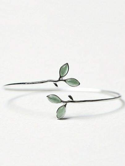 1 Peça Pulseira Aberta de Cor Prata Minimalista com Folha Verde, Formato de Galhos e Ramos, Pulseira Elegante e Chique para Uso Diário, Joia Feminina