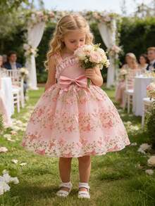 Young Girl Flower Formal Dress With Embroidery & 3d Butterfly Decor, Tulle Puffy, Suitable For Weddings And Parties - Pink - View 3