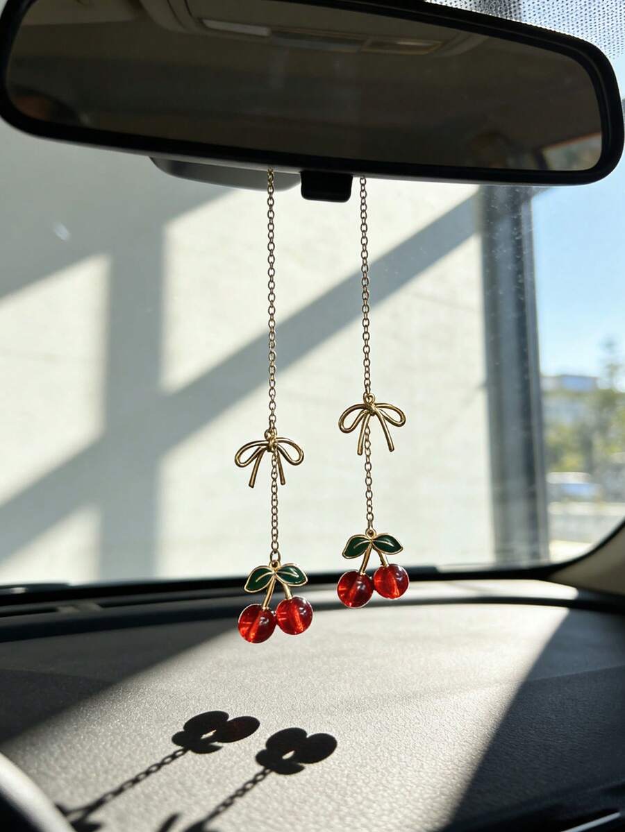 1pc Cherry Knot Car Rearview Mirror Decor, Car Interior Accessory - A - View 1