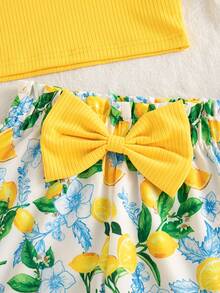 Young Girls Sleeveless Ruffle Trim Camisole Top + Sunflower Print Bow Shorts Set - Mustard Yellow - View 6