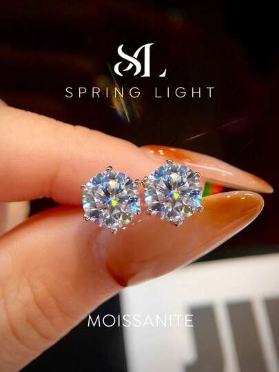 1 Pair 0.1ct-2ct Round 6-Prong D Color Moissanite Diamond Stud Earrings, Elegant S925 Sterling Silver Anniversary Engagement Hoop Earrings, Luxury Jewelry Gift