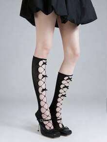 1 Pair Grey Butterfly Hollow Pearl Mid-Calf Mesh Socks, Women's Y2K Baddie Lolita Ripped Leg Warmers Ankle Socks, Versatile For Summer - Multicolor - View 4