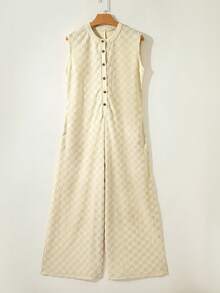 Acelitt Women's White Knitted Checkered Texture Half-Button Sleeveless Casual Wide-Leg Jumpsuit In Spring - Beige - View 3