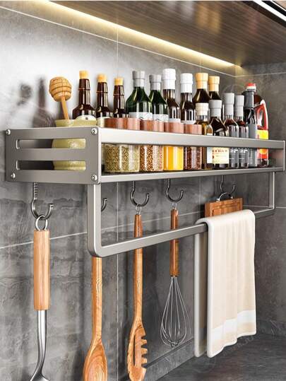 1pc Tall & Thick Kitchen Organizer Rack, Spice Rack With Hooks For Utensils, Dish Towel Holder, Pot Lid Rack, Suitable For Kitchen Storage