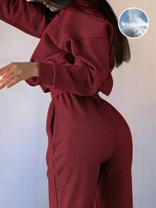 Women's 2-Piece Casual Tracksuit Set - Crewneck Sweatshirt & Jogger Pants, Solid Color, Loose Fit, Long Sleeve, Elastic Waist, Suitable For Home, Leisure, Outdoor Activities, All Ages From Teen To Adult, Minimalist Fashion Sportswear - Red - View 8