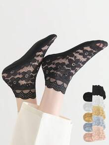 1/5/10 Pairs Women's Summer Solid Color Thin Socks, Lace Trim Transparent Mesh Sexy Socks, Soft & Comfortable - Multicolor - View 2