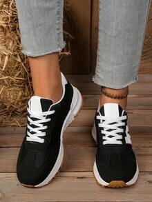 透气系带休闲运动鞋，跑步鞋，适合青少年，春夏秋季校园风格 - 黑色 - 查看 3