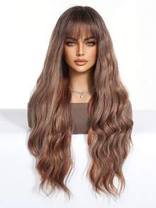 Long Wavy 26inch Butterfly Haircut Wig With Brown And Bangs - Heat Resistant Synthetic Wig For Daily And Party Wear - Brown - View 4