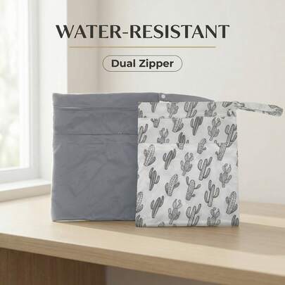 2pcs Waterproof Wet Bag With Dual Zippers, Portable Washable Diaper Bag For Baby Cloth Diapers, Swimwear & Travel Essentials (Cactus & Grey)