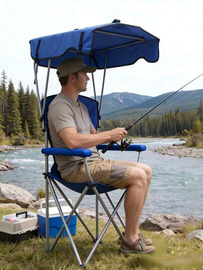 1 Silla de playa plegable con sombrilla, silla plegable portátil para camping y puesto, con portavasos, con protección solar, una silla con respaldo adecuada para barbacoas, pesca, picnics, actividades de ocio y uso en la playa