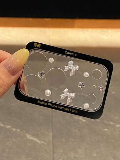 Cute Pearl Bow Bling Rhinestone Camera Film Protector Compatible With IPhone 17 Pro Max 17 Pro Fashion Cross Clear Hard Glassy Film Cover Accessories