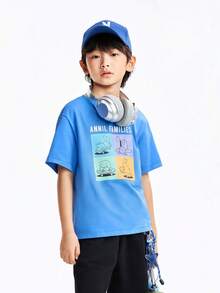 Annil Kurzarm-T-Shirt mit Rundhalsausschnitt für Jungen, Strickpullover für mittelgroße und große Kinder, vielseitiges Freizeitoberteil - Rhythmisches Blau - Übersicht 1