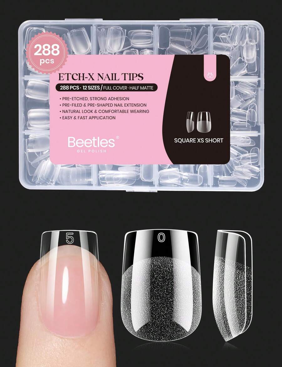 Beetles Soft Gel Nail Tips Short Almond 288pcs In 12 Sizes, Etch-X Pre-Etched Full Cover Acrylic Fake Nails Art - Square Extra Short 288pcs-2 (Etch X Nail Tips) - 查看 1