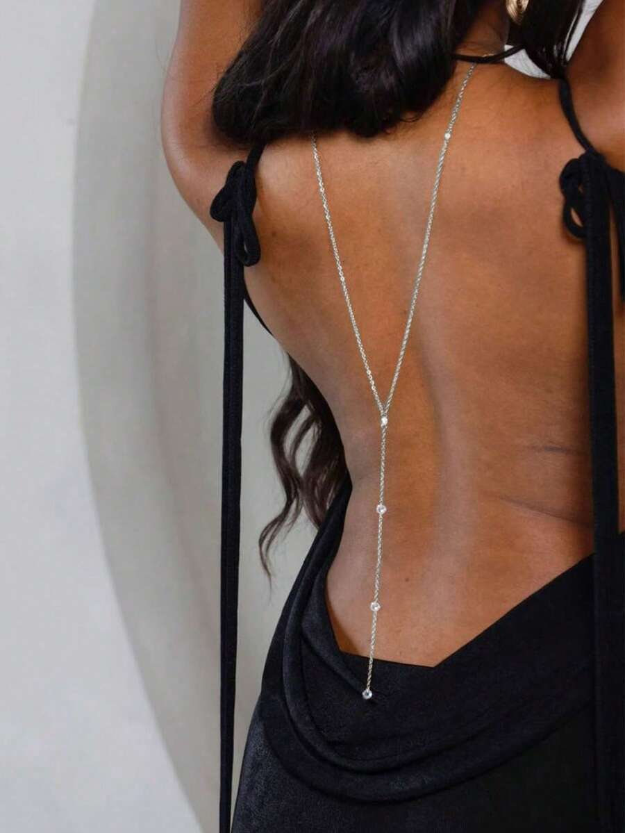 1pc Elegant Glass Rhinestone Backless Body Chain, Suitable For Women, Special Occasions, Festivals, Parties, And Daily Wear - Silver - View 1