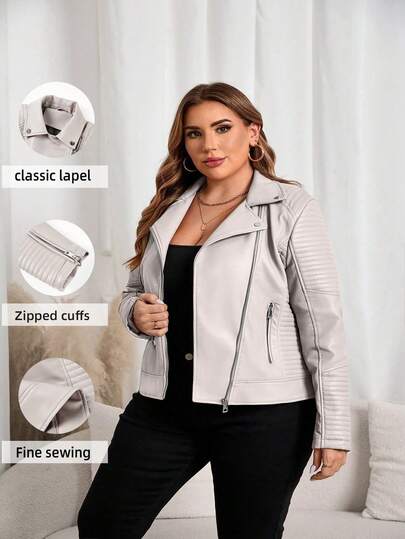 Giolshon Women's Plus Size Street Style Faux Leather Motorcycle Jacket - Short Lining With Pockets PU Leather Coat, Casual Fashion Urban Style