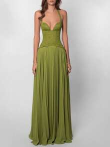 Summer New Women's Long Dress, Fashionable, Elegant, Sexy, Halter Neck, Backless, Low Neckline, Waist-Cinching, Pleated Spaghetti Strap Dress, Women's Skirt - 綠色 - 查看 1