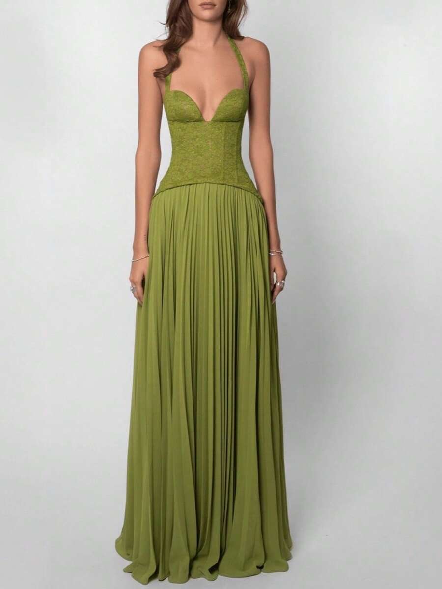 Summer New Women's Long Dress, Fashionable, Elegant, Sexy, Halter Neck, Backless, Low Neckline, Waist-Cinching, Pleated Spaghetti Strap Dress, Women's Skirt - 綠色 - 查看 1