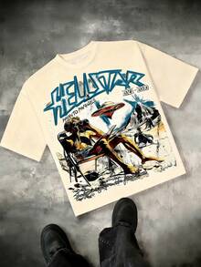 Hellstars Path To Paradise UFO Alien Y2K Graphic T-Shirt,220g 100% Cotton,Round Neck Short Sleeve,Black Streetwear Essential For Summer Going Out,Unisex Style - 杏色 - 查看 1