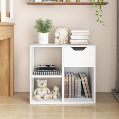 Librero Minimalista de 4 Compartimentos con Cajones, Librero Pequeño Compacta de Dos Niveles, Libreros Organizadores Adecuada para Dormitorios y Salones, Blanco