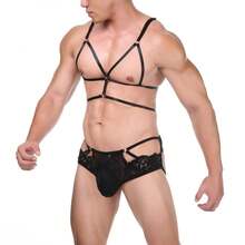 Two-Piece Men's Erotic Lingerie Set, Sexy And Seductive, Accentuates Chest Muscles, Includes Restraint Strap Bra And Lace Thong - 黑色 - 查看 3